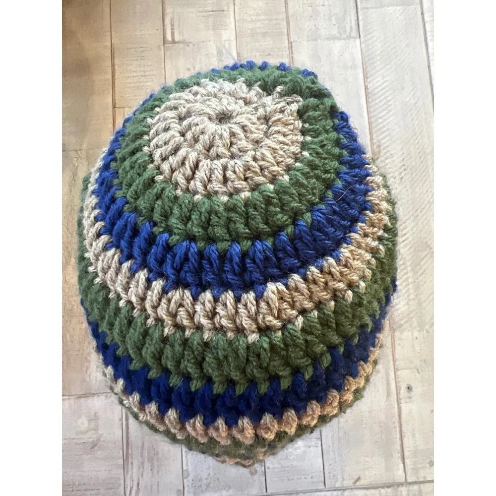 Handmade Crochet‎ Striped Beanie Hat Green Blue Tan Winter Knit Skull Cap Boho